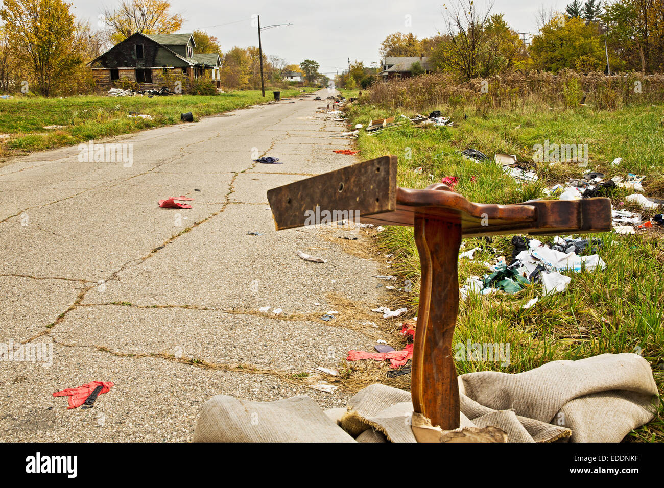 Trash on a nomen's land street on Detroit's Eastside, Detroit, Michigan, USA. Oct. 25, 2014