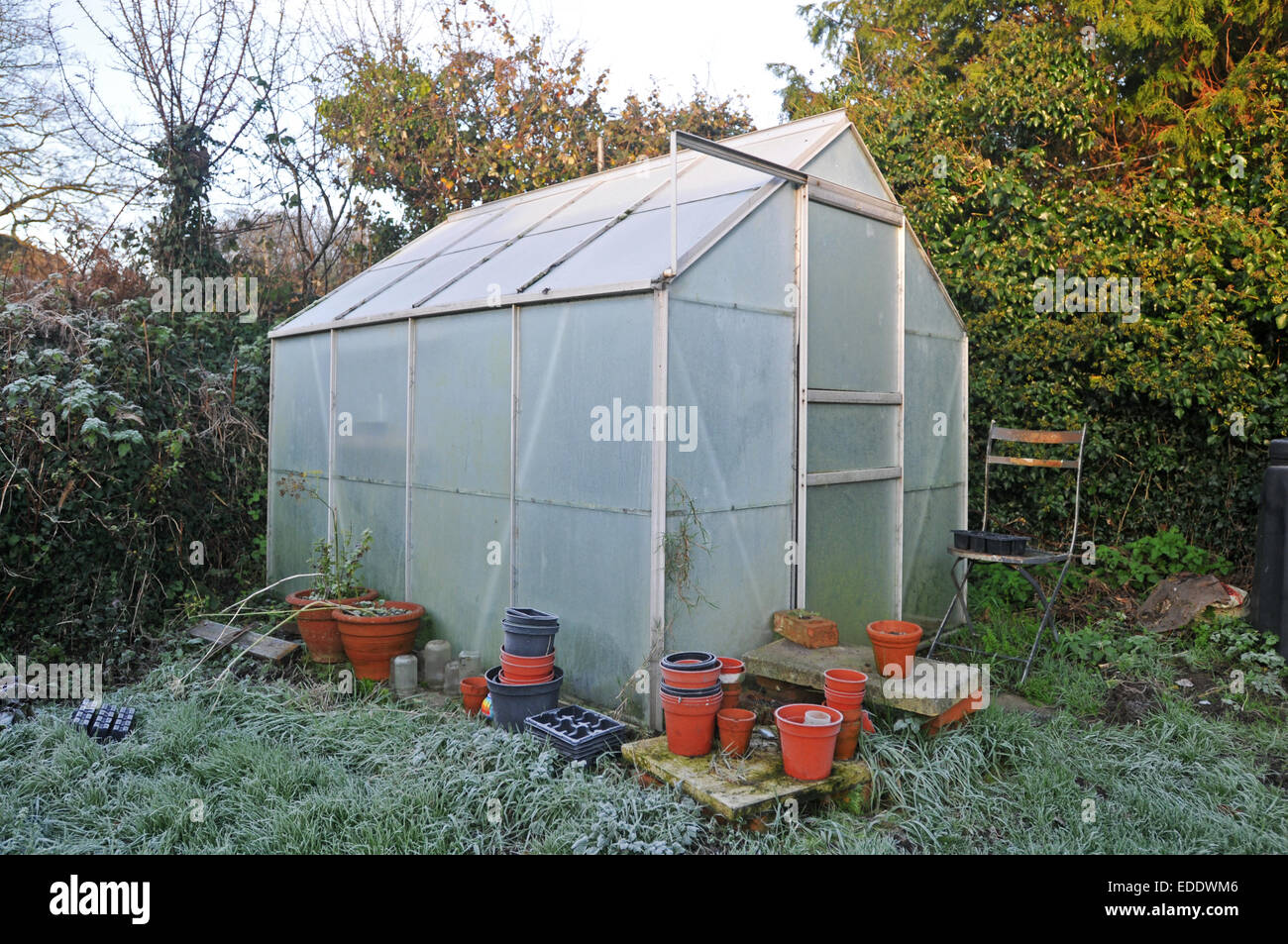 Frost covered greenhouse in winter Stock Photo Alamy