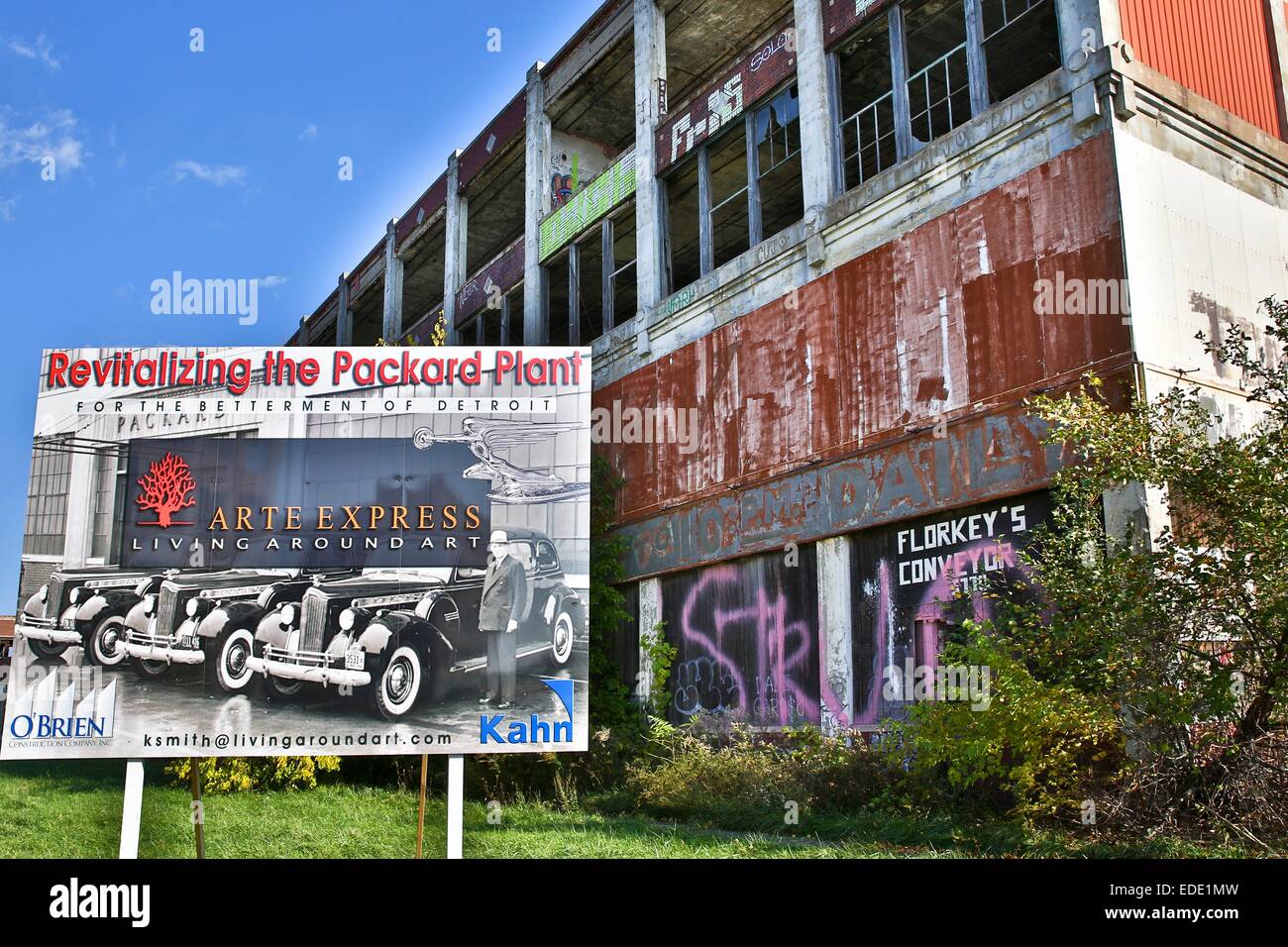 Some little construction works going on by the new owner Fernando Palazuelo at the Detroit Packard Automotive Plant. Detroit, MI, USA, Oct. 25, 2014. Stock Photo