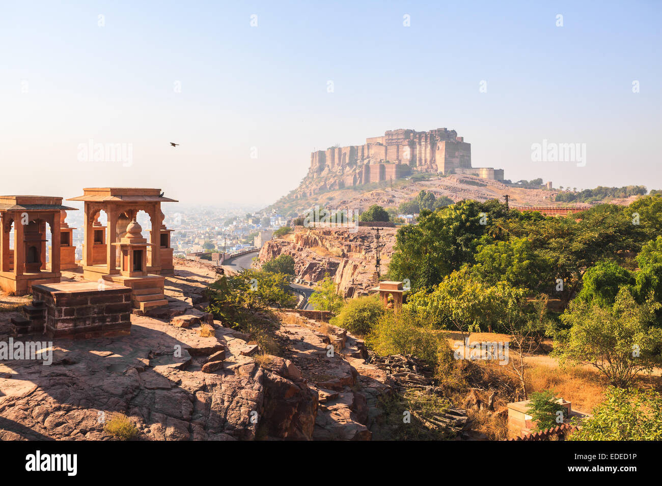 View of Mehrangarh Fort at Jodhpur in the mist Stock Photo