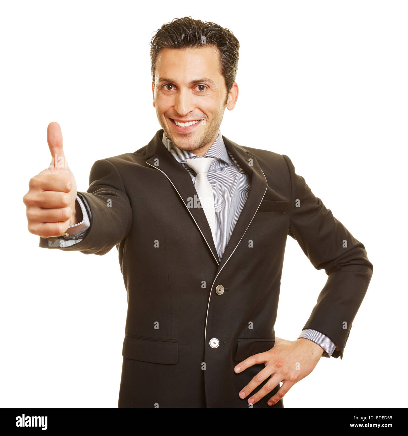 Happy smiling businessman holding his thumbs up Stock Photo - Alamy