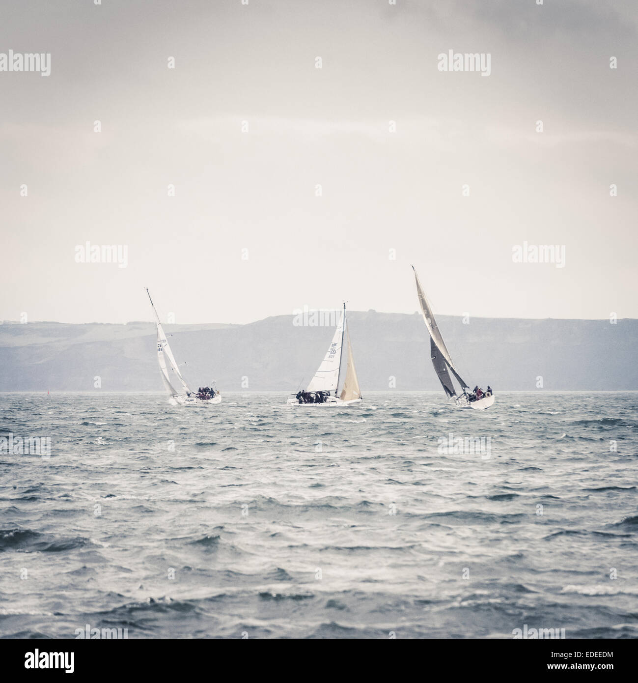 Sailing boats in North Sea, Scarborough, North Yorkshire, UK. Stock Photo