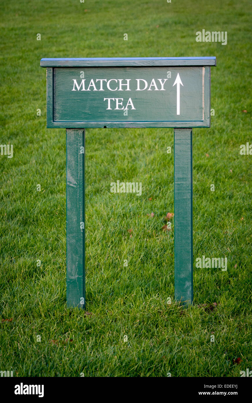 Match day tea sign with direction arrow at Ampleforth College, Yorkshire Stock Photo
