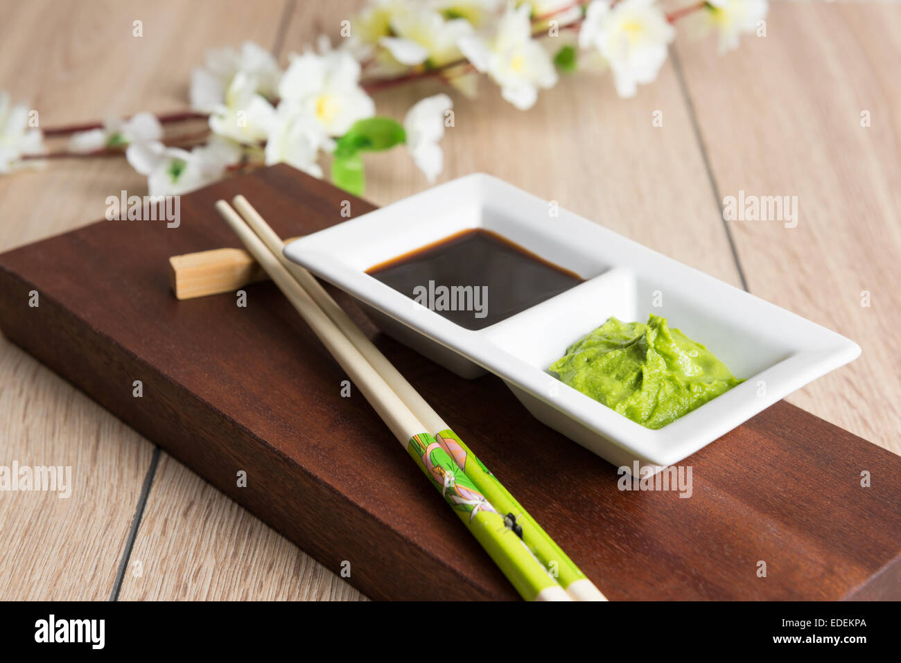 soy sauce and wasabi - Japanese cuisine spices Stock Photo