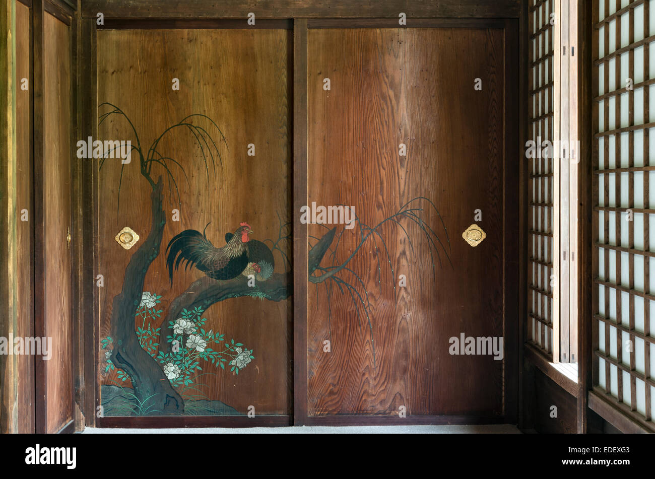 Taizo-in Zen temple, Myoshin-ji, Kyoto, Japan. The 16c interior has delicately painted animal scenes on wooden sliding doors (fusuma) Stock Photo