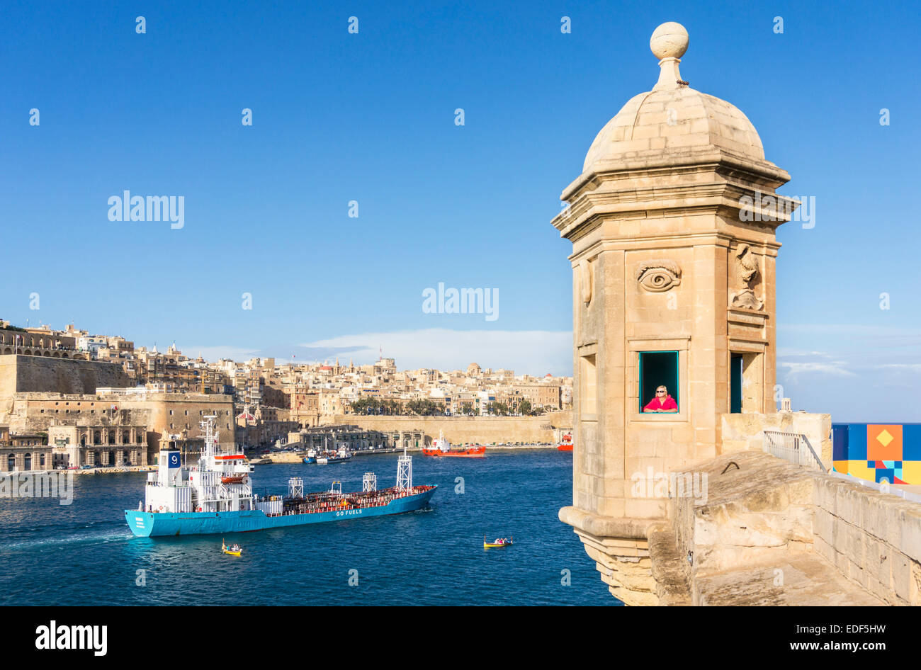 Vedette watchtower and Valletta Grand Harbour Senglea Malta EU Europe Stock Photo