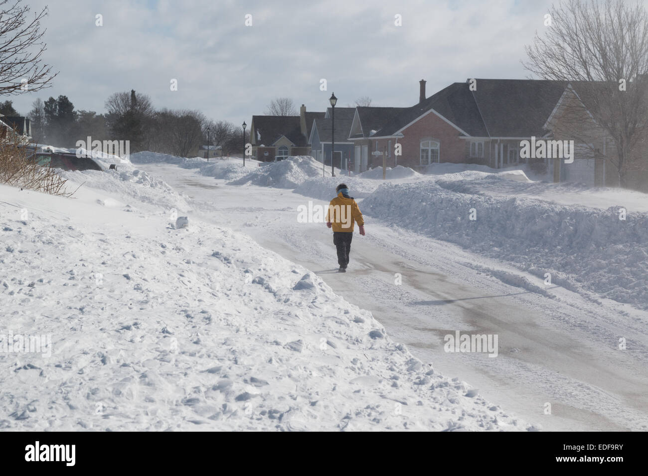 Lone pedestrian walking through suburbia while the wind whips the snow wildly around her. Stock Photo