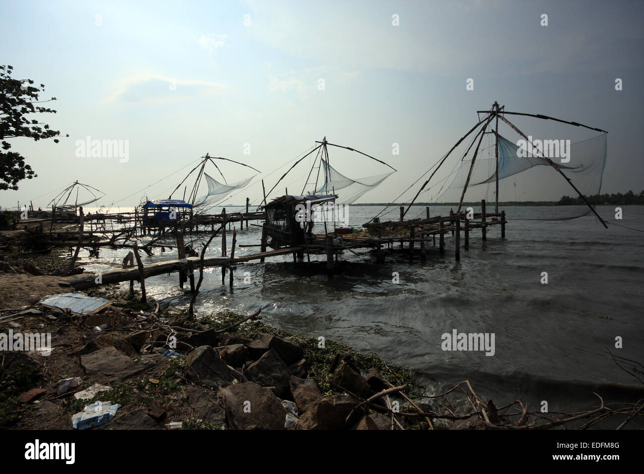 Cantilevered Chinese fishing nets at Fort Cochin, India Stock Photo