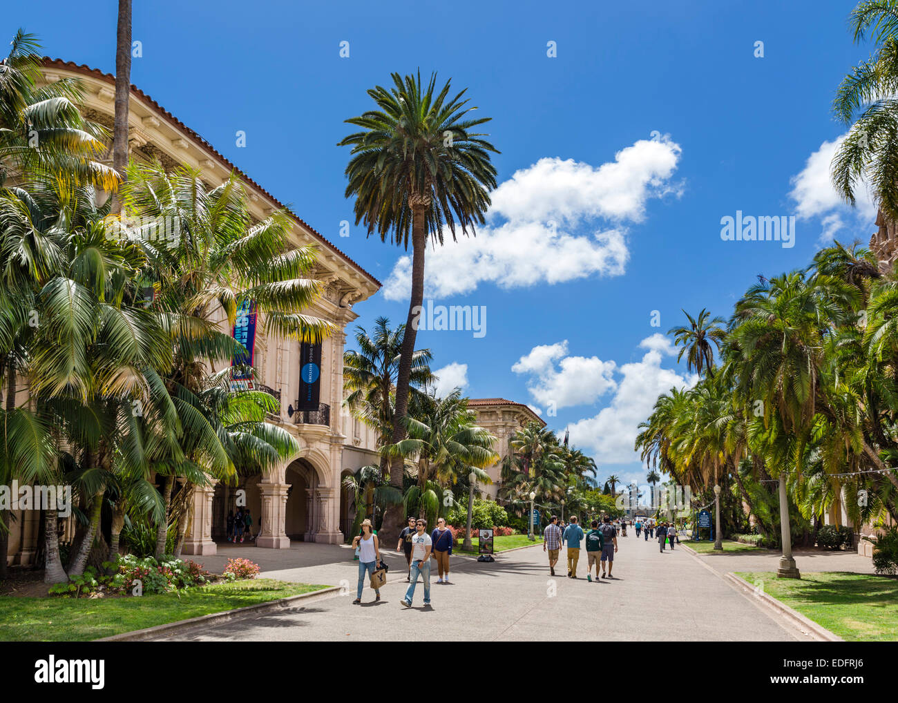 Museums along El Prado in Balboa Park with the Casa de Balboa on the left, San Diego, California, USA Stock Photo