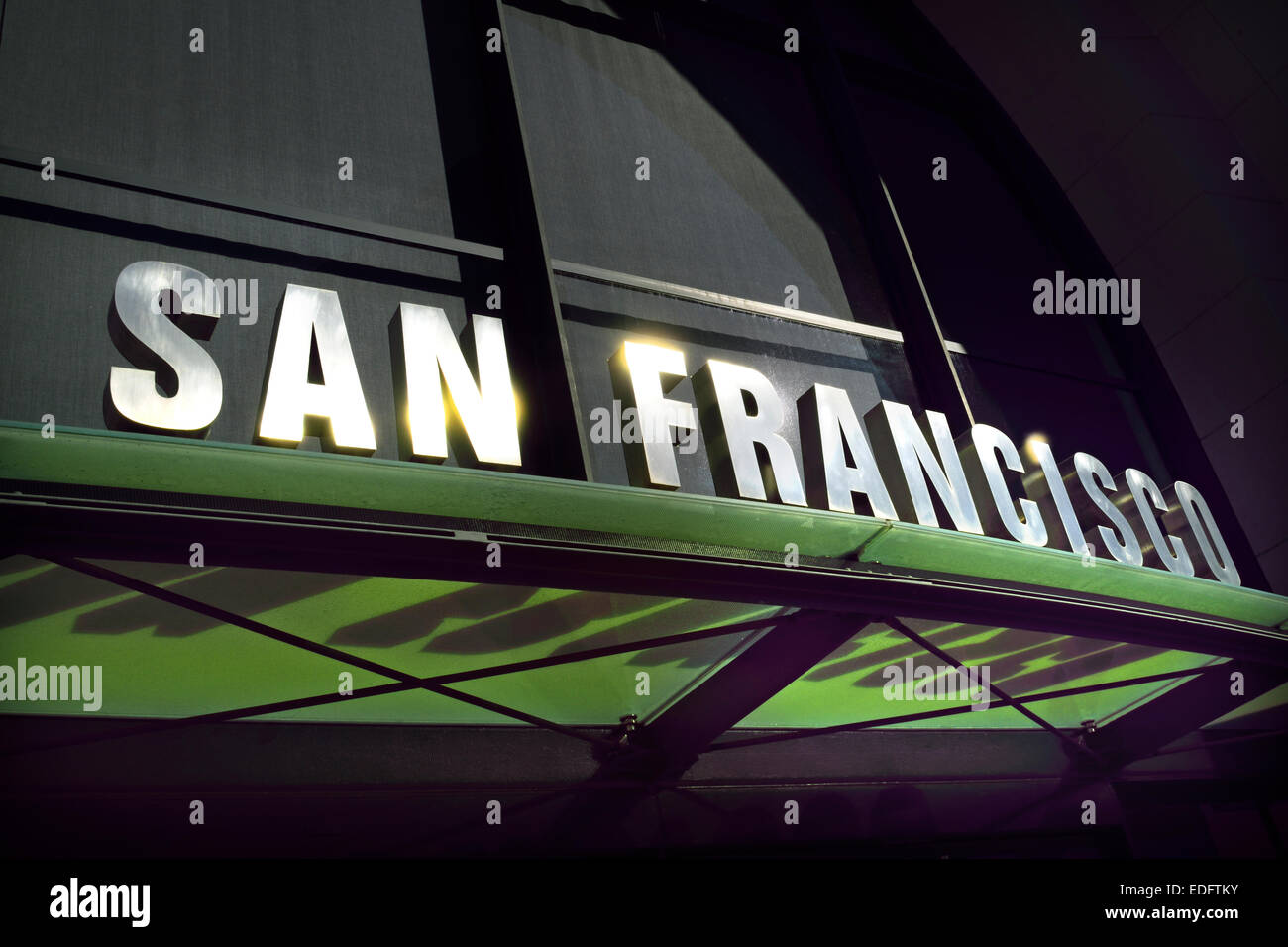 Sunlit San Francisco sign above entrance to embarkation boat piers on Embarcadero San Francisco California USA Stock Photo