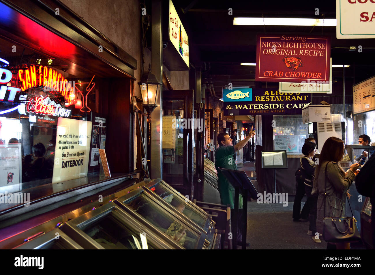 Fisherman's Wharf seafood stalls serving fast fresh varieties of