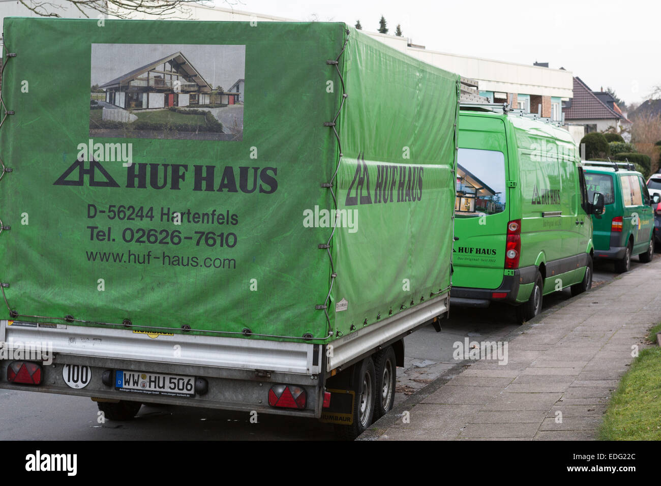 Huf Haus pre-fabricated building vans in a street Germany Stock Photo -  Alamy