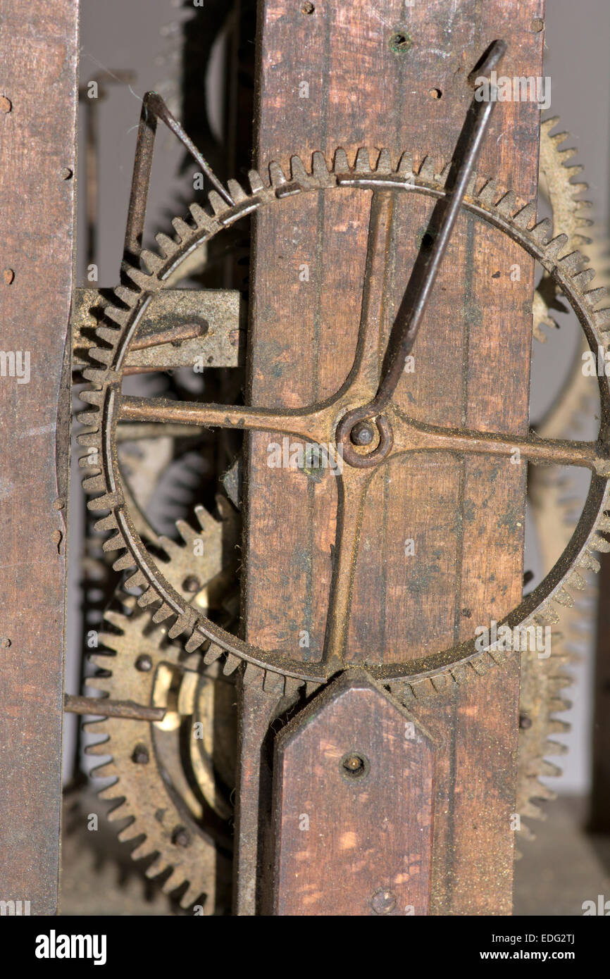 Old wooden framed clock mechanism Stock Photo Alamy