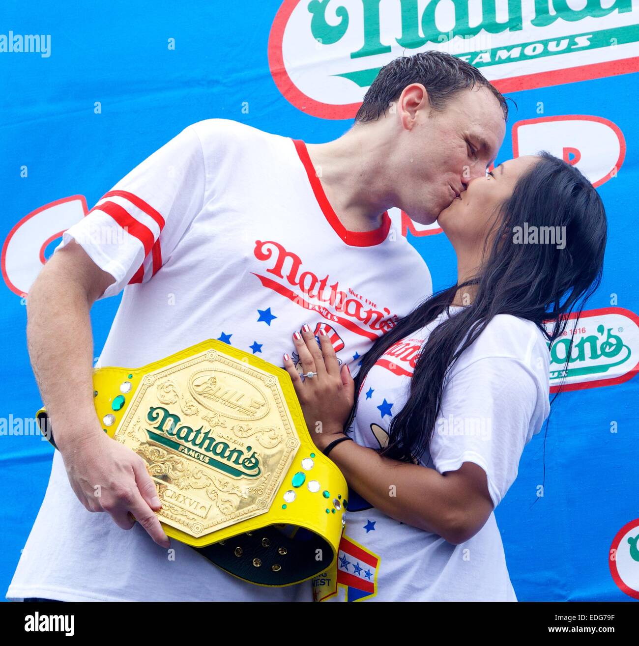 Competitive eaterJoey Chestnut proposes to his girlfriend Neslie Ricasa at  The Annual World-Famous Nathan's International Hot Dog Eating Contest in  Coney Island, Brooklyn Featuring: Joey Chestnut,Neslie Ricasa Where: New  York City, New