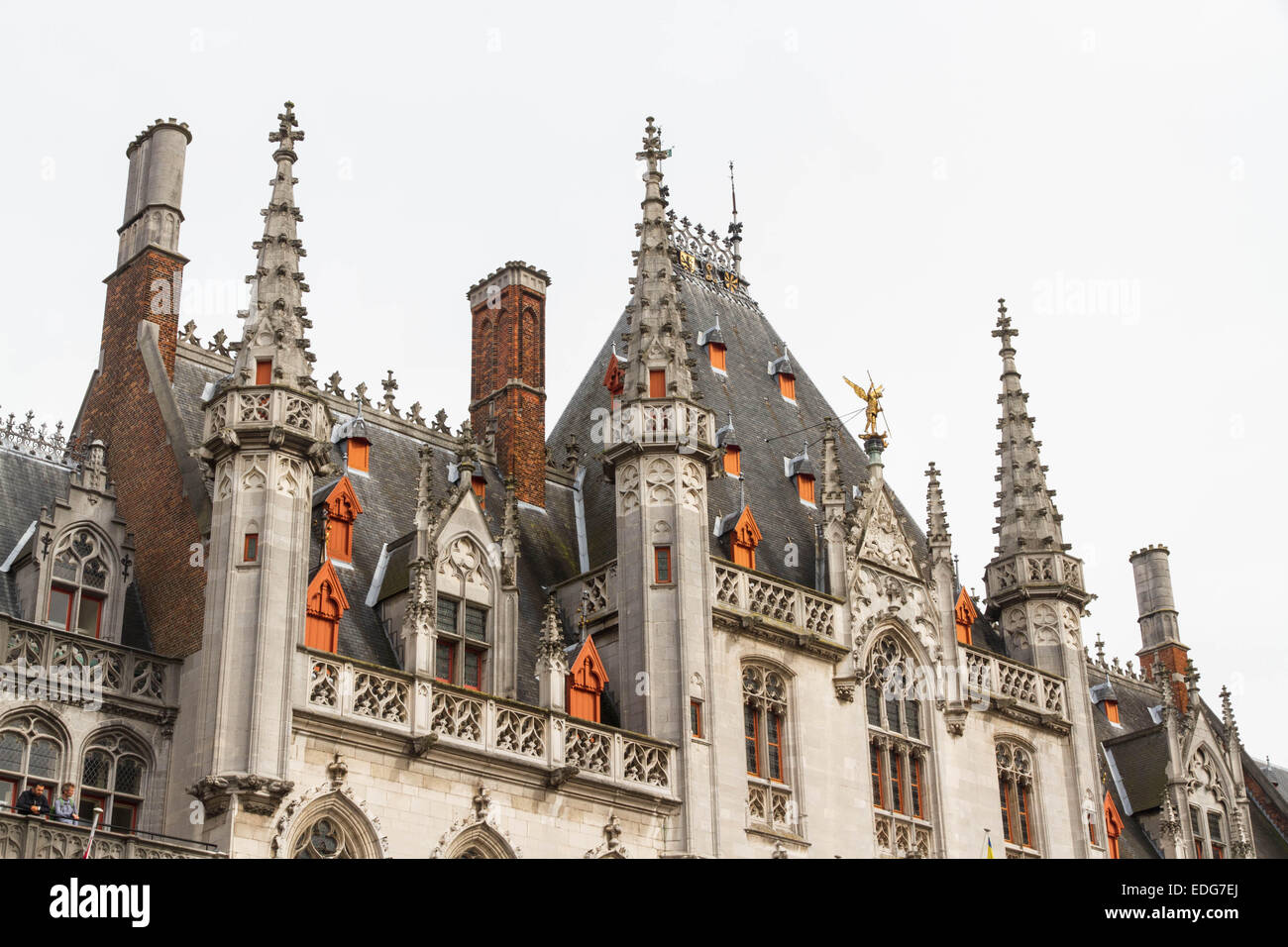 Looking up at detailed roof of Provincial Palace, Market Square, Bruges, West Flanders, Belgium, Europe. Stock Photo