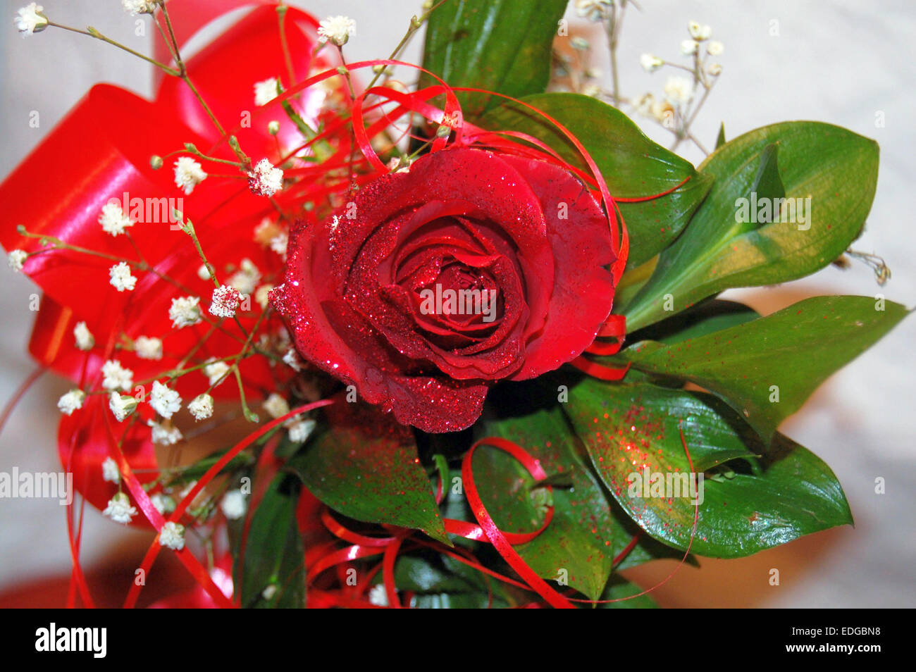 Red rose in the leaves and decorations. Stock Photo