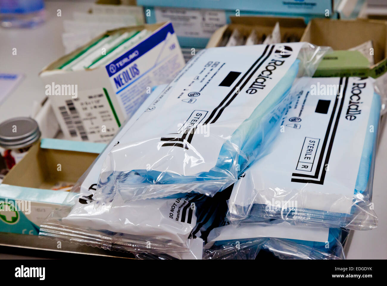 Medical supplies waiting to be used in a British National Health Service NHS hospital Stock Photo