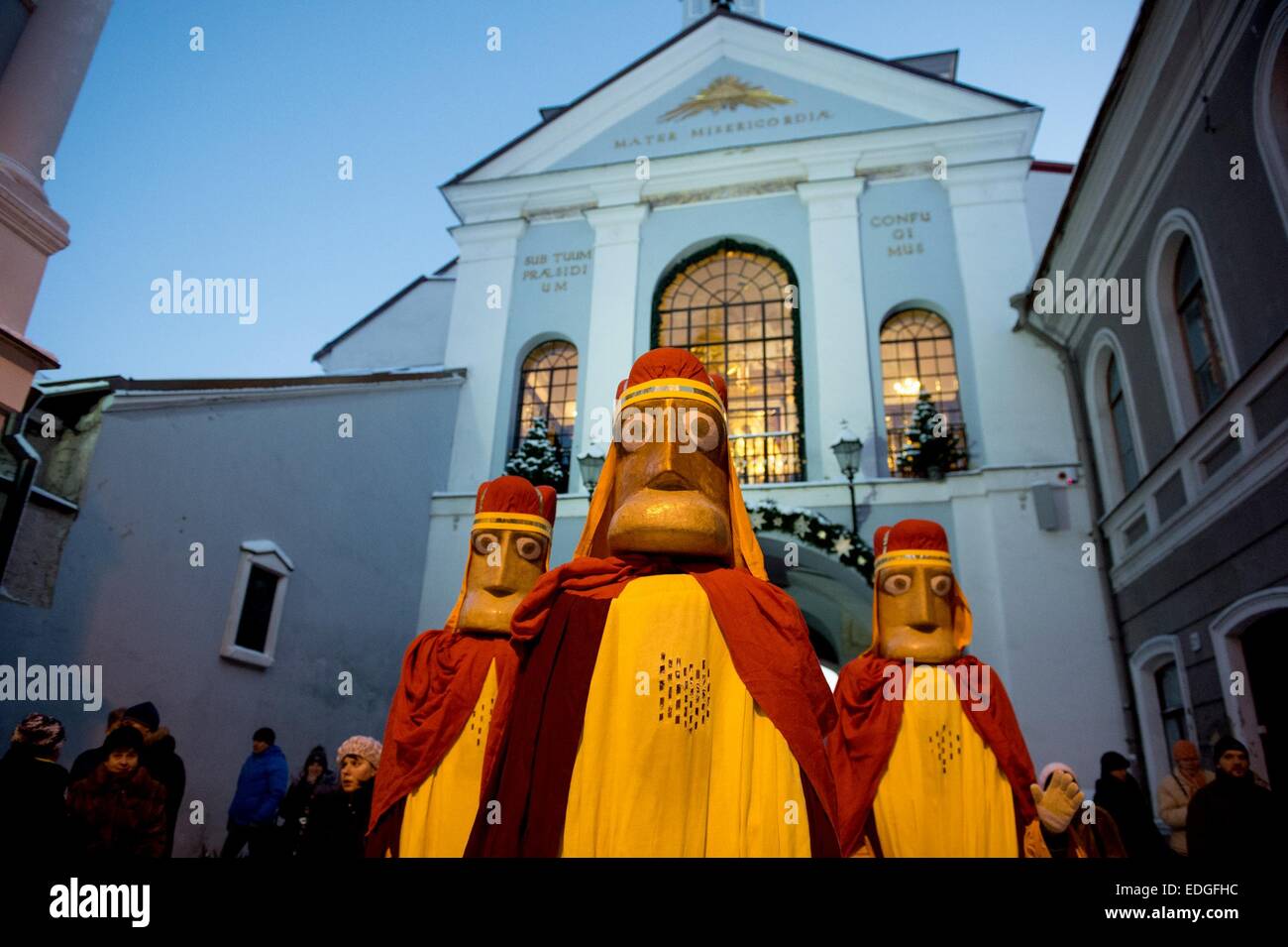 Vilnius, Lithuania. 6th Jan, 2015. People parade through the streets during the celebration of Epiphany, a Christian festival commemorating Jesus' baptism in Jordan River, in Vilnius, Lithuania, Jan. 6, 2015. Credit:  Alfredas Pliadis/Xinhua/Alamy Live News Stock Photo