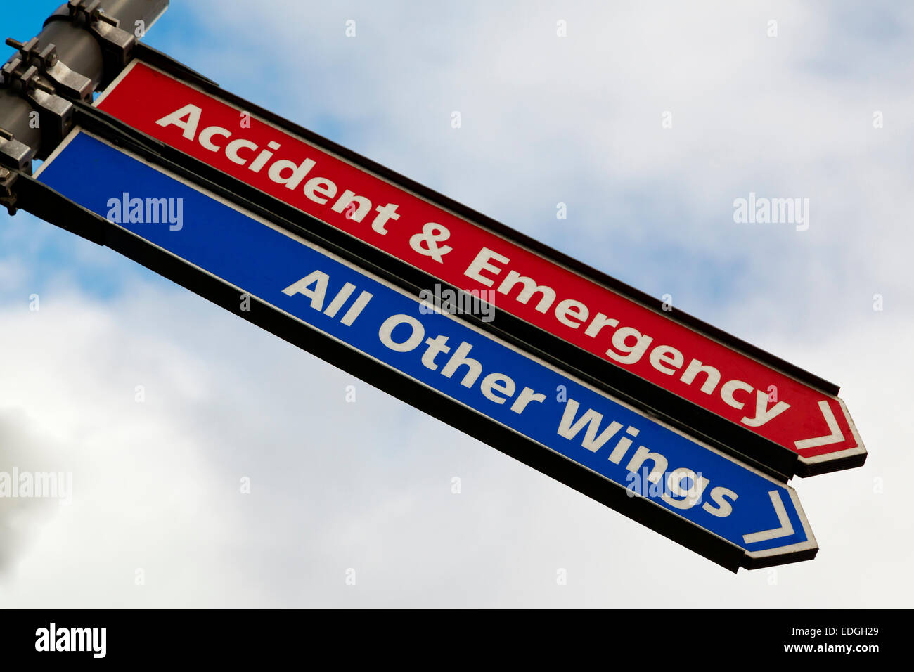Accident and Emergency and All Other Wings sign outside an NHS Hospital in the UK Stock Photo