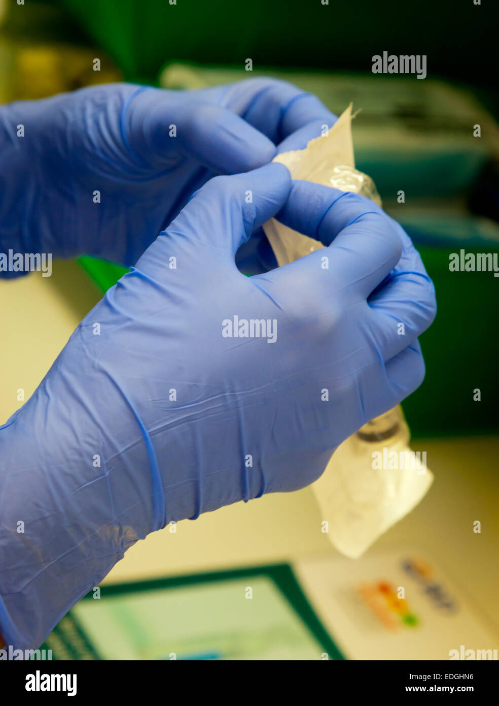 Nurse using blue rubber gloves to remove a syringe from sterilized packaging in a hospital treatment room Stock Photo