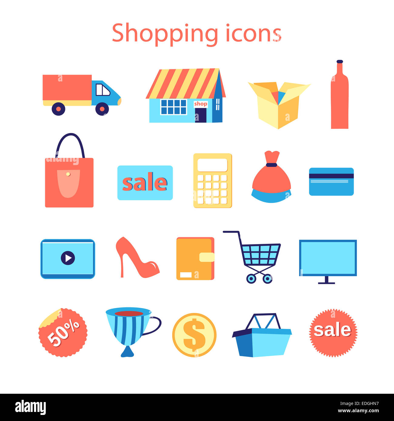 bright multicolored vector set of shopping icons on white background ...