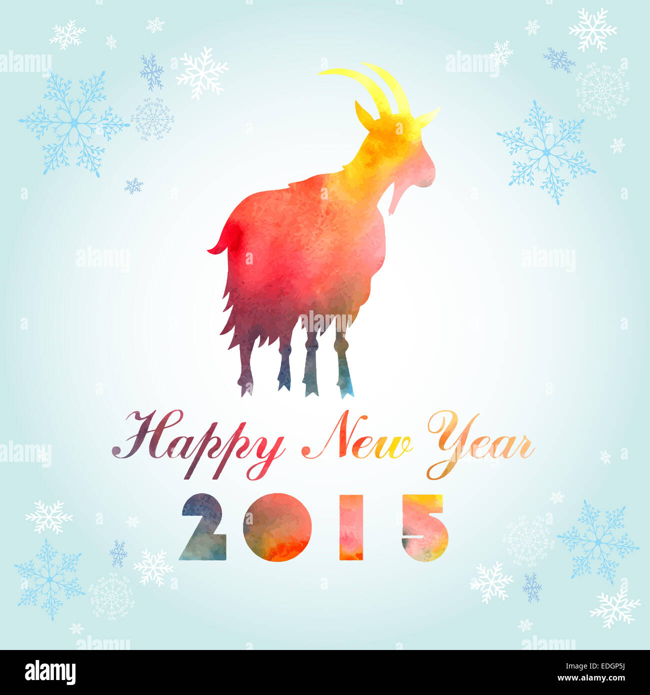 bright watercolor vector New Year greeting card with a goat Stock Photo ...