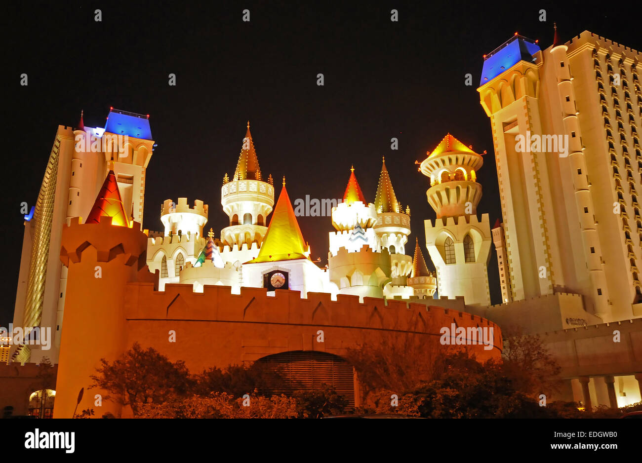 Las Vegas, USA - December 18, 2009: Excalibur Hotel and Casino on the Las Vegas strip welcomes visitors at night. Stock Photo