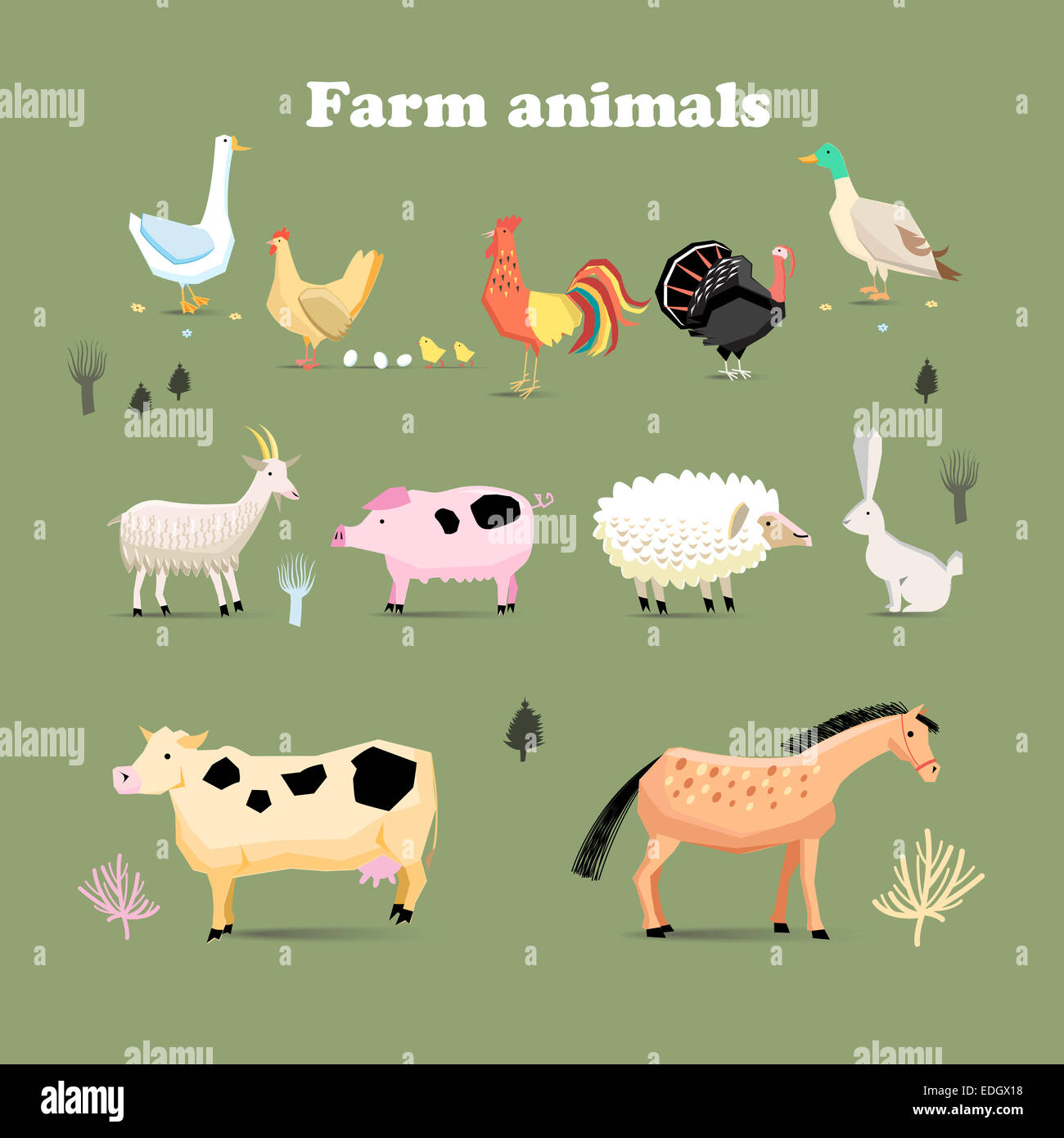 Set of farm animals, set in a flat vector style with chicken turkeys ...