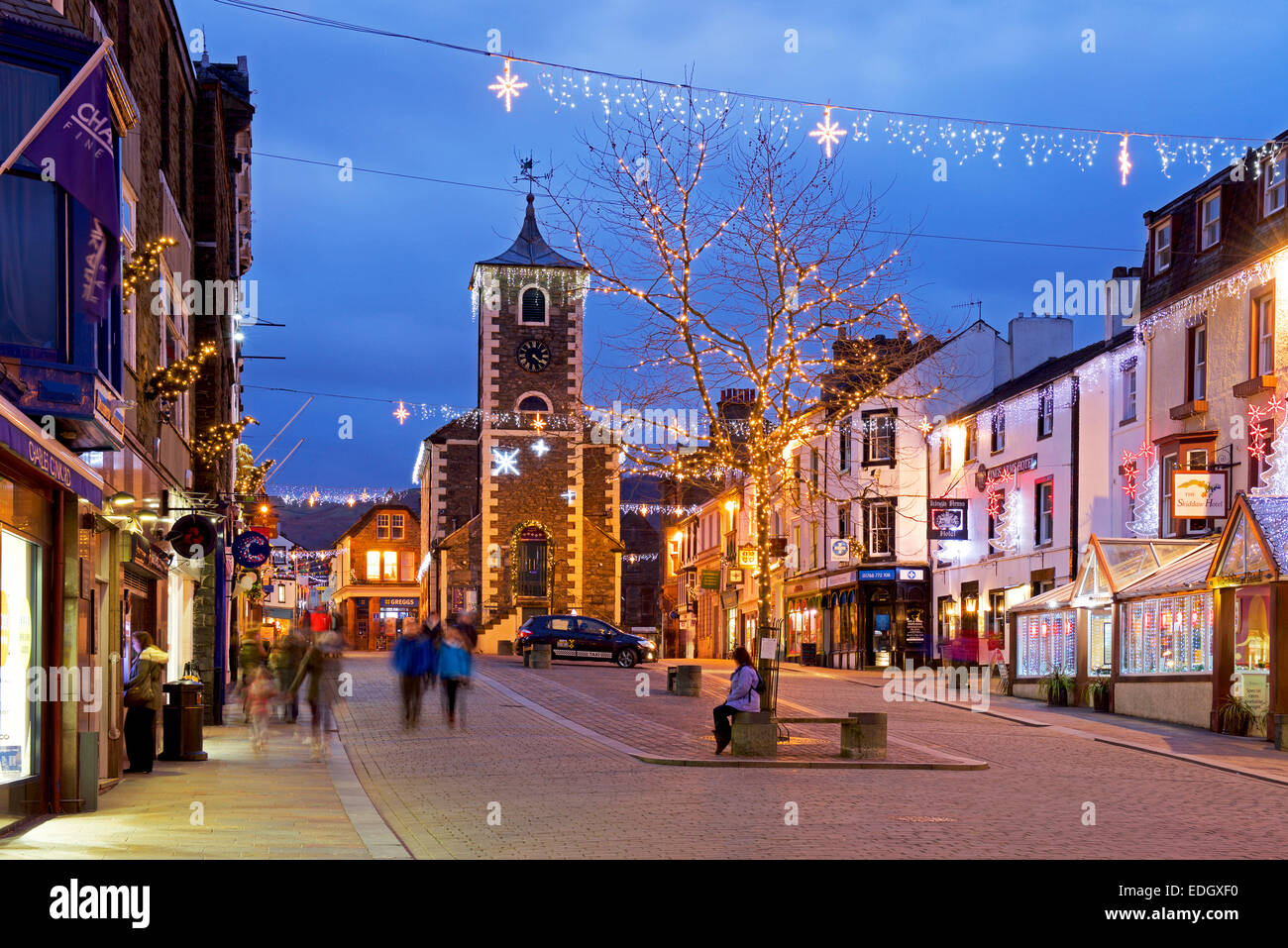 Keswick at dusk, with Christmas lights, Lake District National Park, Cumbria, England UK Stock