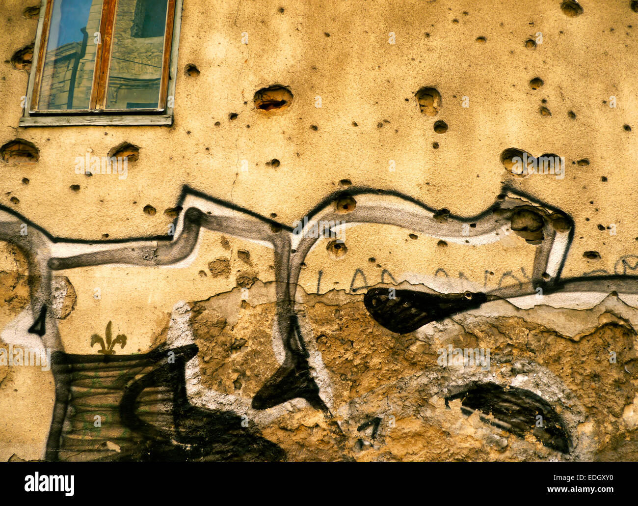 Damage from the war in Bosnia visible over fifteen years after the conflict ended. Mostar, Bosnia and Herzegovina, 2012. Stock Photo