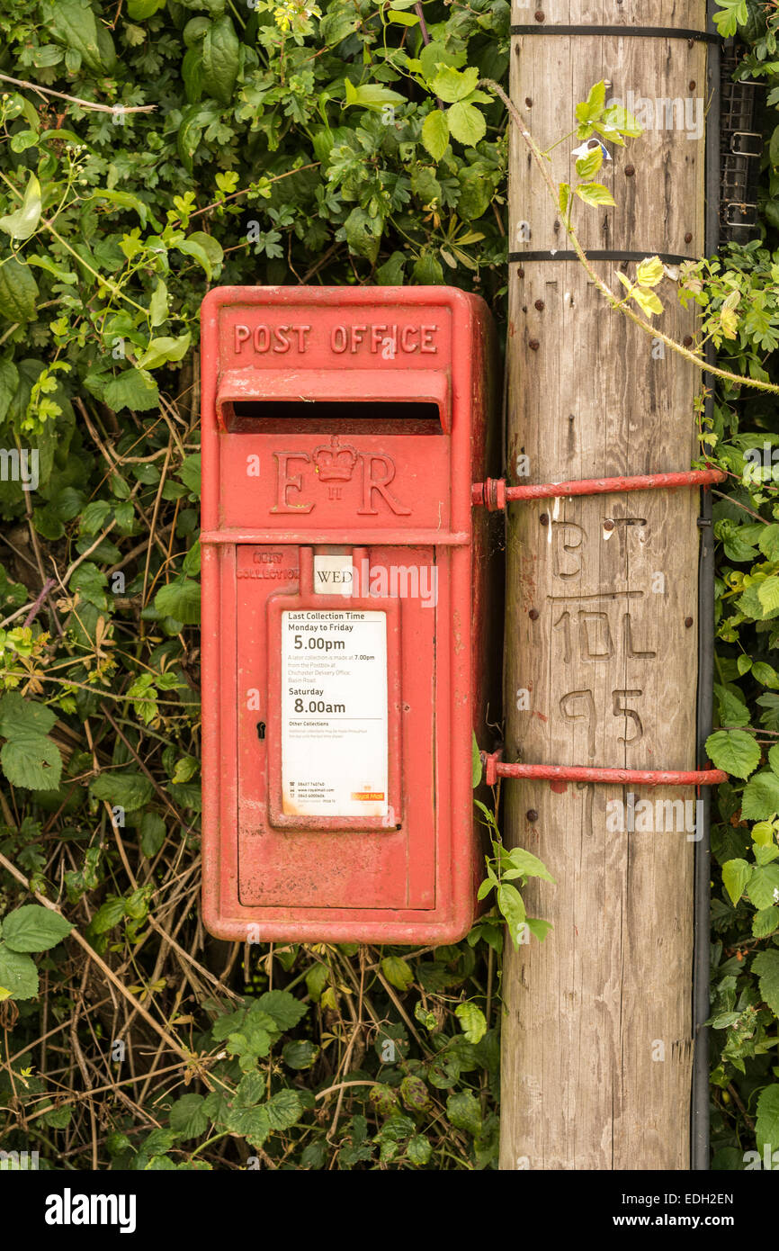 A village ER (Elizabeth Regina) post box - near Bosham Hoe, West Sussex. Stock Photo