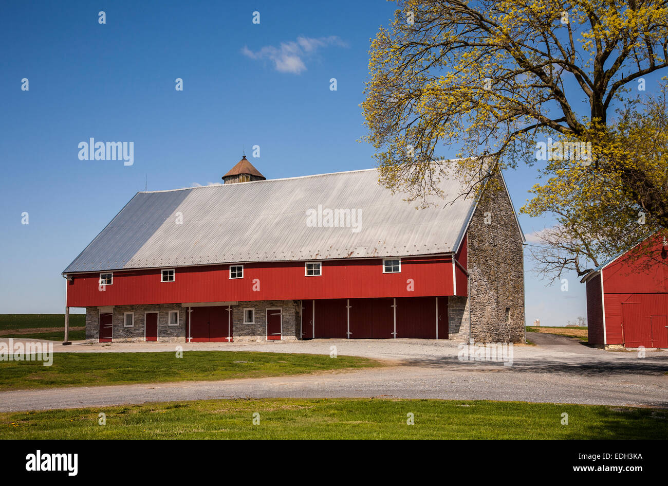 Historic stone barn and blue sky Amish farm scene in the Amish