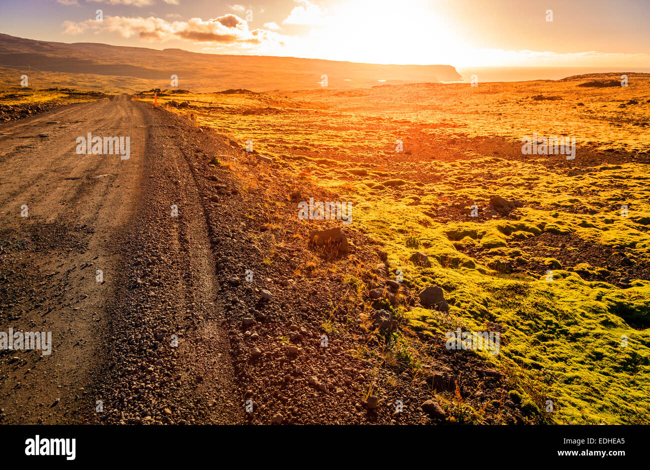 Gravel road through a barren landscape of Westfjords in Iceland Stock Photo