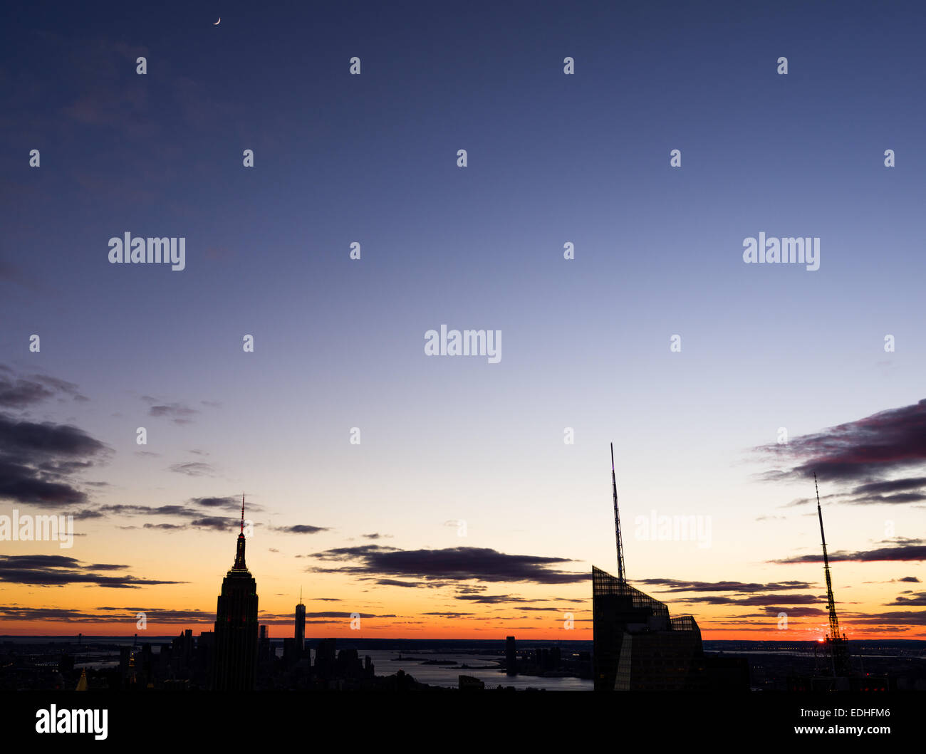 Sunset and Moon at the same time in NYC. Stock Photo