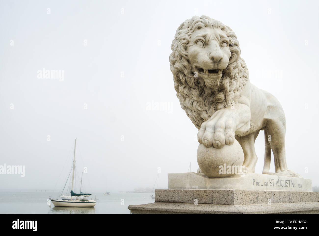 Bridge of Lions in St. Augustine, Florida on a foggy morning. Stock Photo