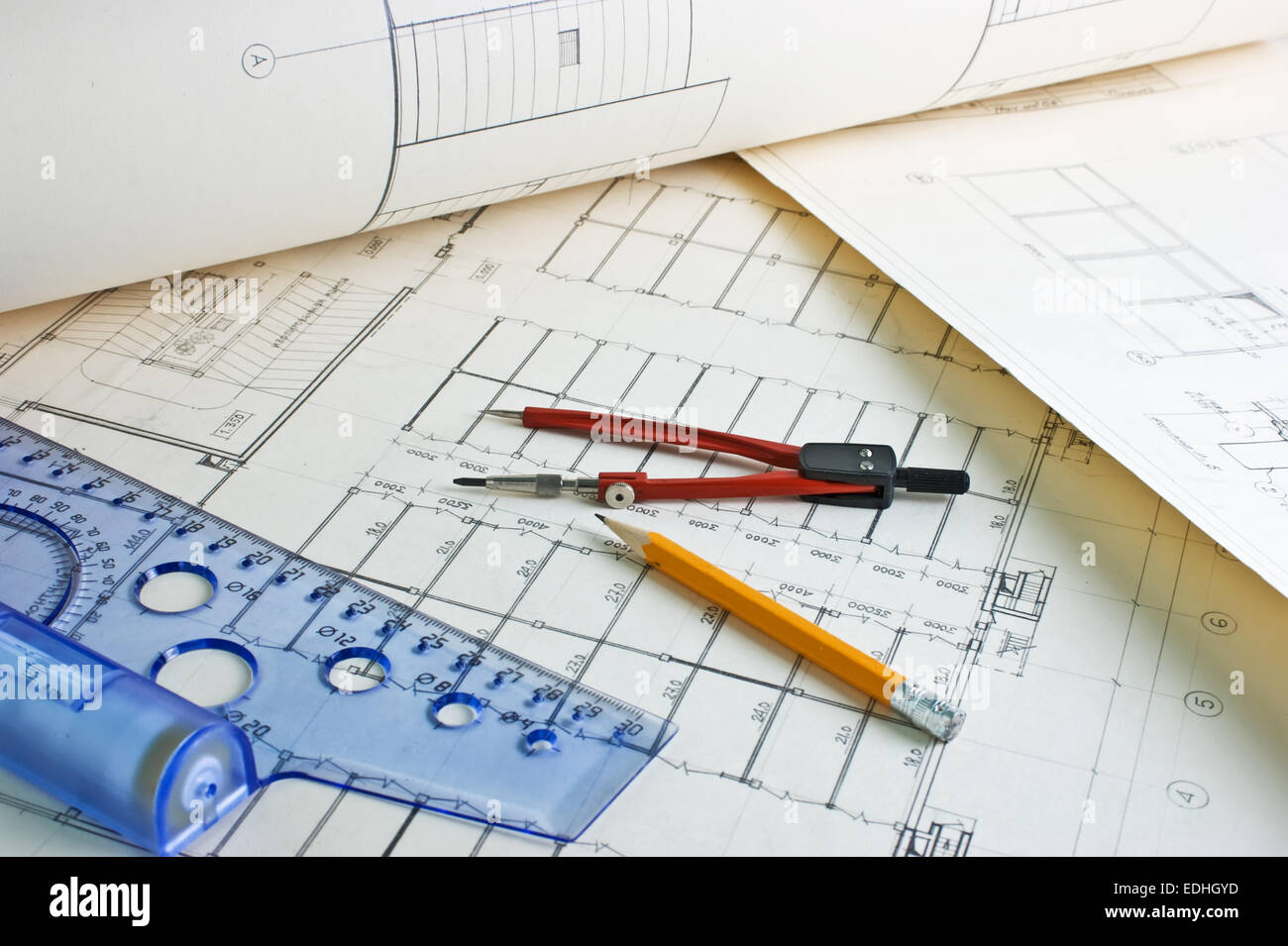 Old architectural drawing with a ruler and compass Stock Photo - Alamy