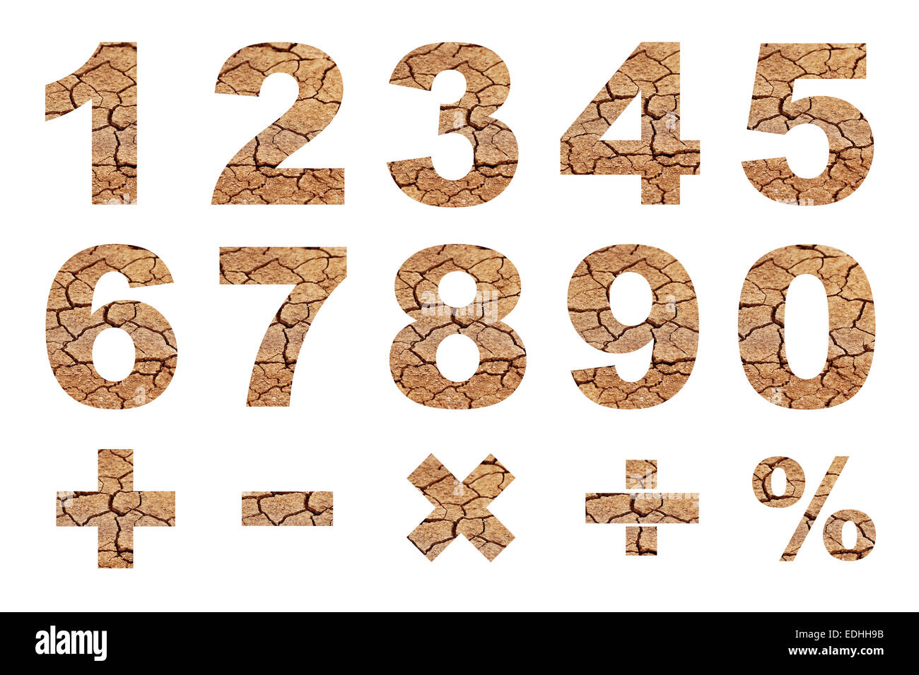 one to zero numbers and basic mathematical symbols made from dry cracked earth picture Stock Photo