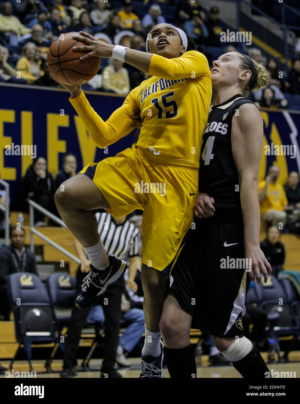 Berkeley CA. 05th Jan, 2015. California G # 15 Brittany Boyd force her way in the paint with a lay up and score during NCAA Women's Basketball game between Colorado Buffaloes and California Golden Bears 75-59 win at Hass Pavilion Berkeley Calif. © csm/Alamy Live News Stock Photo