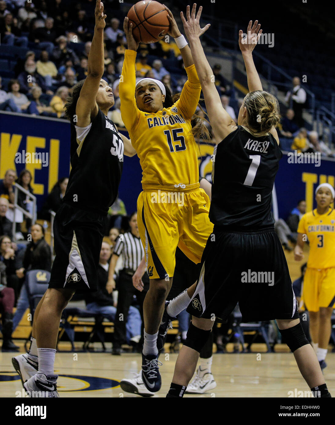 Berkeley CA. 05th Jan, 2015. California G # 15 Brittany Boyd force her way in the paint and score during NCAA Women's Basketball game between Colorado Buffaloes and California Golden Bears 75-59 win at Hass Pavilion Berkeley Calif. © csm/Alamy Live News Stock Photo