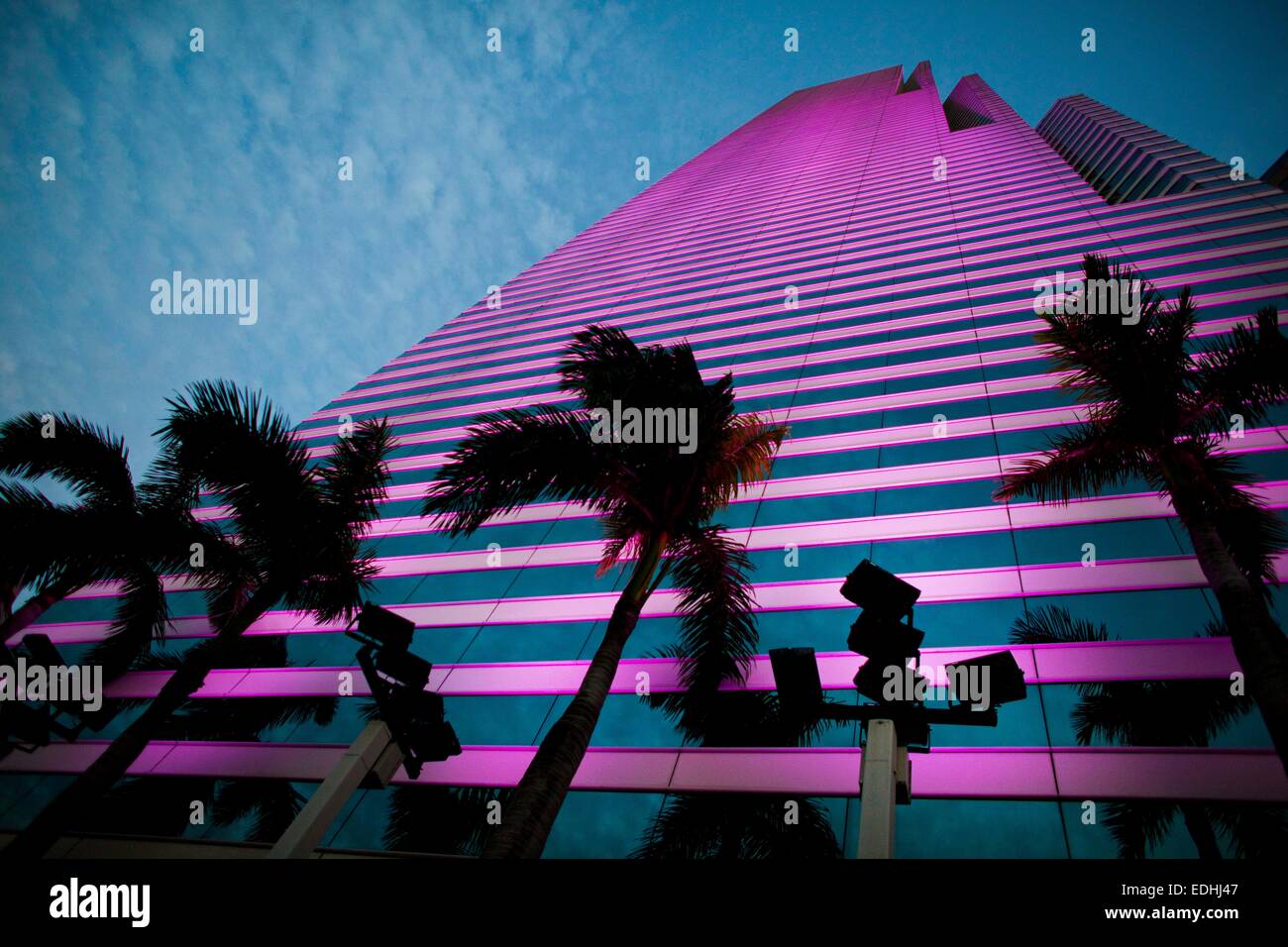 Miami, Florida, USA. 14th Jan, 2014. Colorful neon lights on downtown mirror like tall high rise