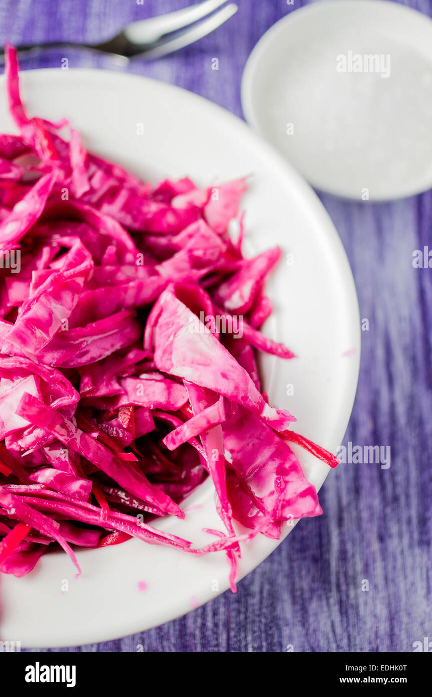 Sauerkraut, coleslaw red, cabbage and beets. In the top view of a plate