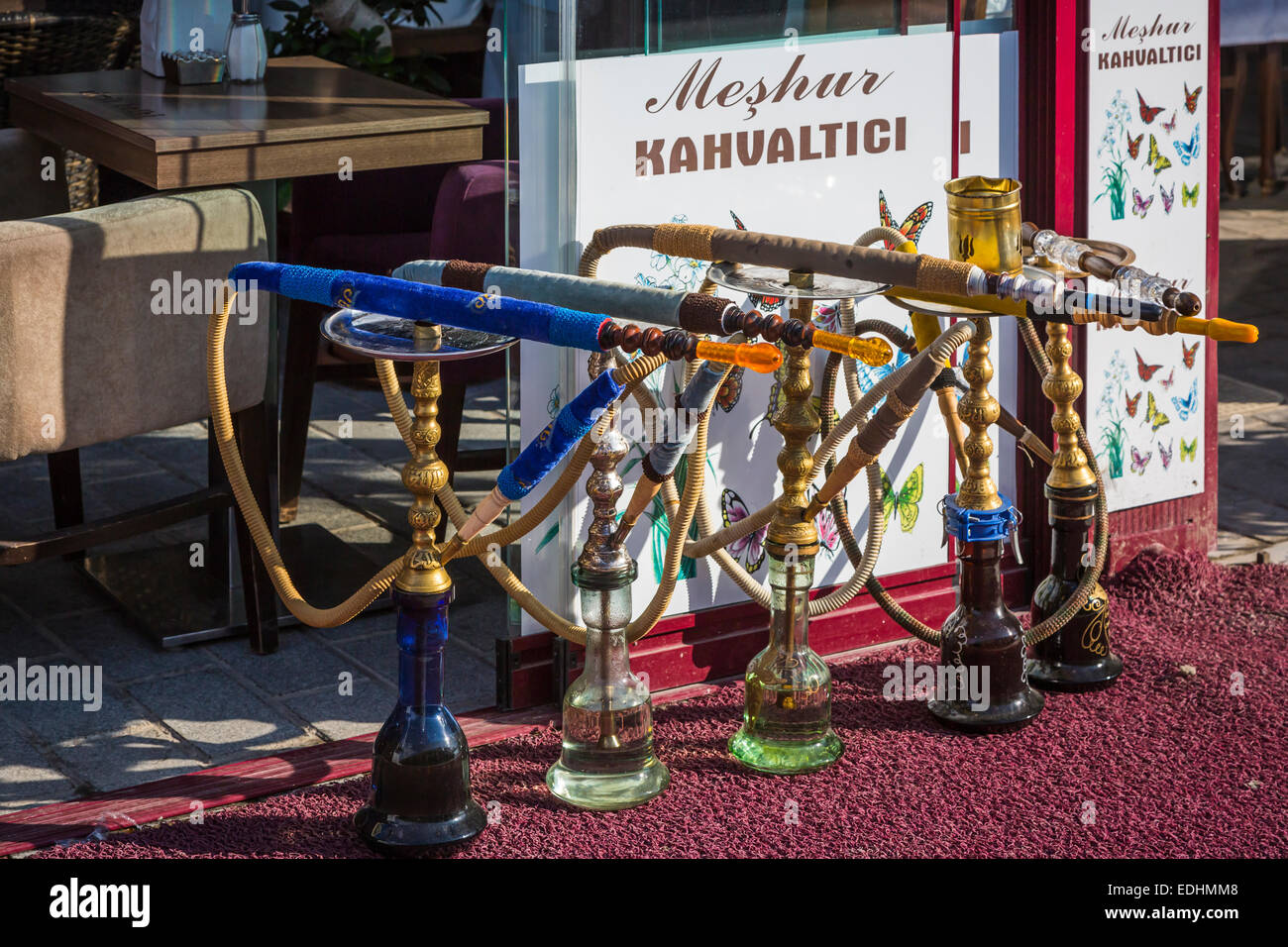 Water pipes at a restaurant in Istanbul, Turkey, Eurasia. Stock Photo