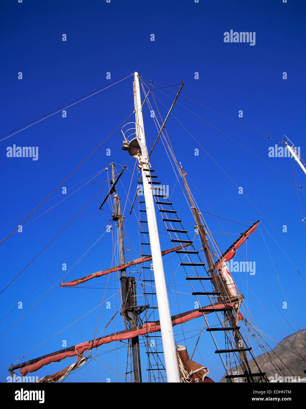 sailing ship, vessels mast, masts and rigging, lookout, crows nest, Jacobs ladder, seaport, Spain, Canary Islands, Canaries, Tenerife, Santa Cruz de Tenerife Stock Photo