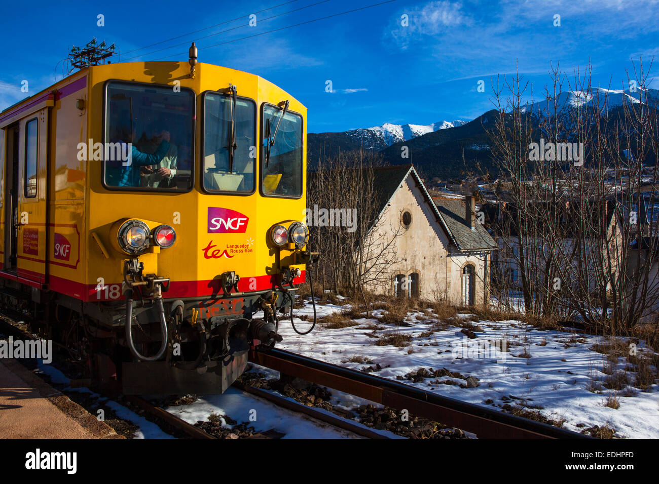 Engine of the Train Jaune, Yellow Train, Canari, or Ligne de Cerdagne, at the Mont-Louis - La Cabanasse station. Stock Photo