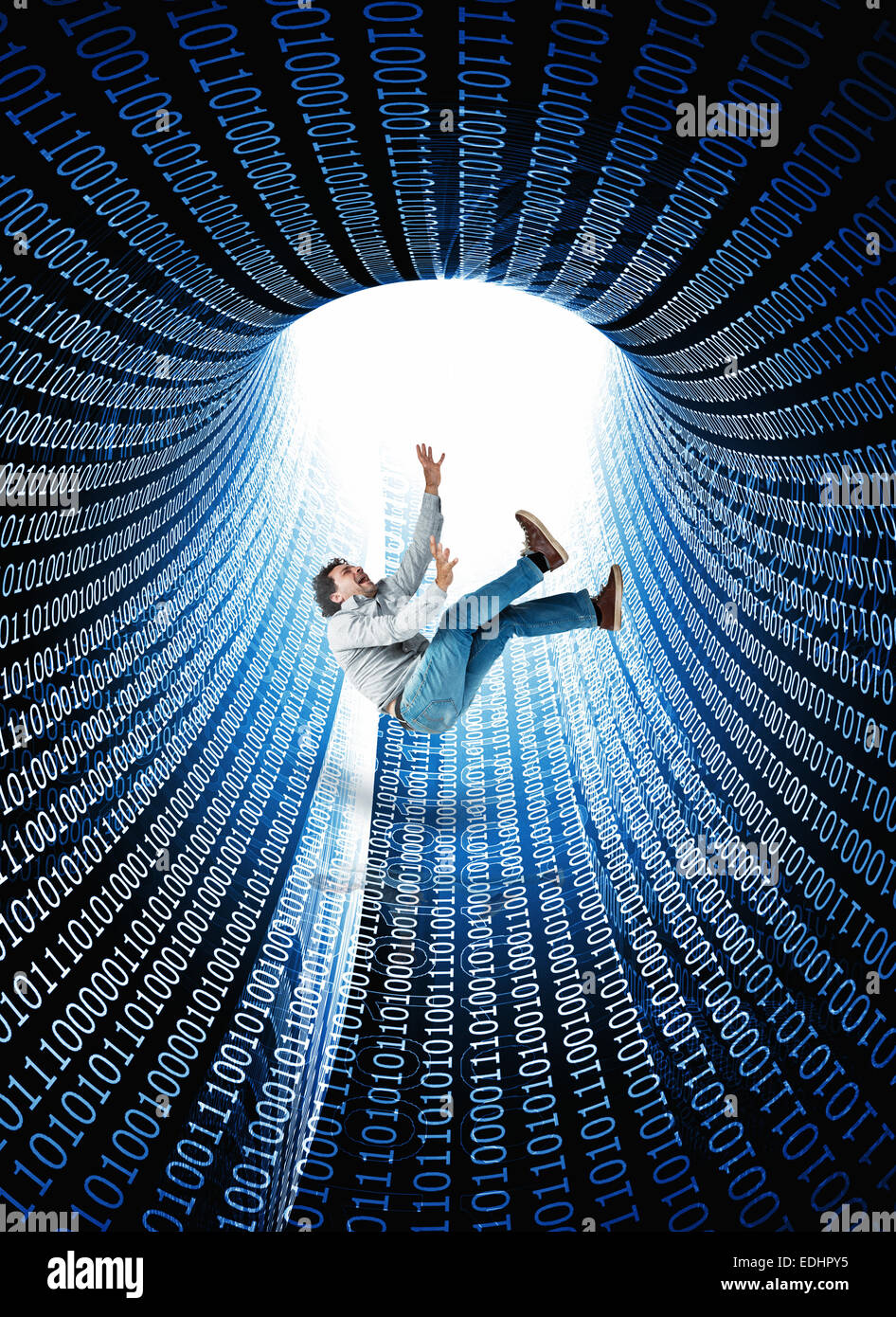 abstract 3d tunnell with binary code and falling man Stock Photo