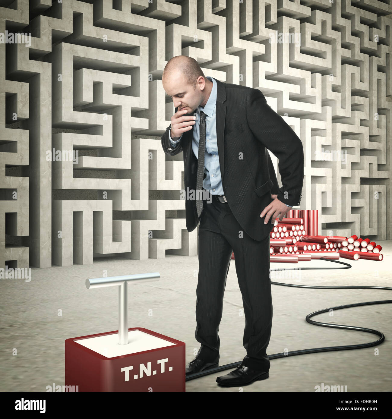 businessman tnt and abstract wall maze Stock Photo