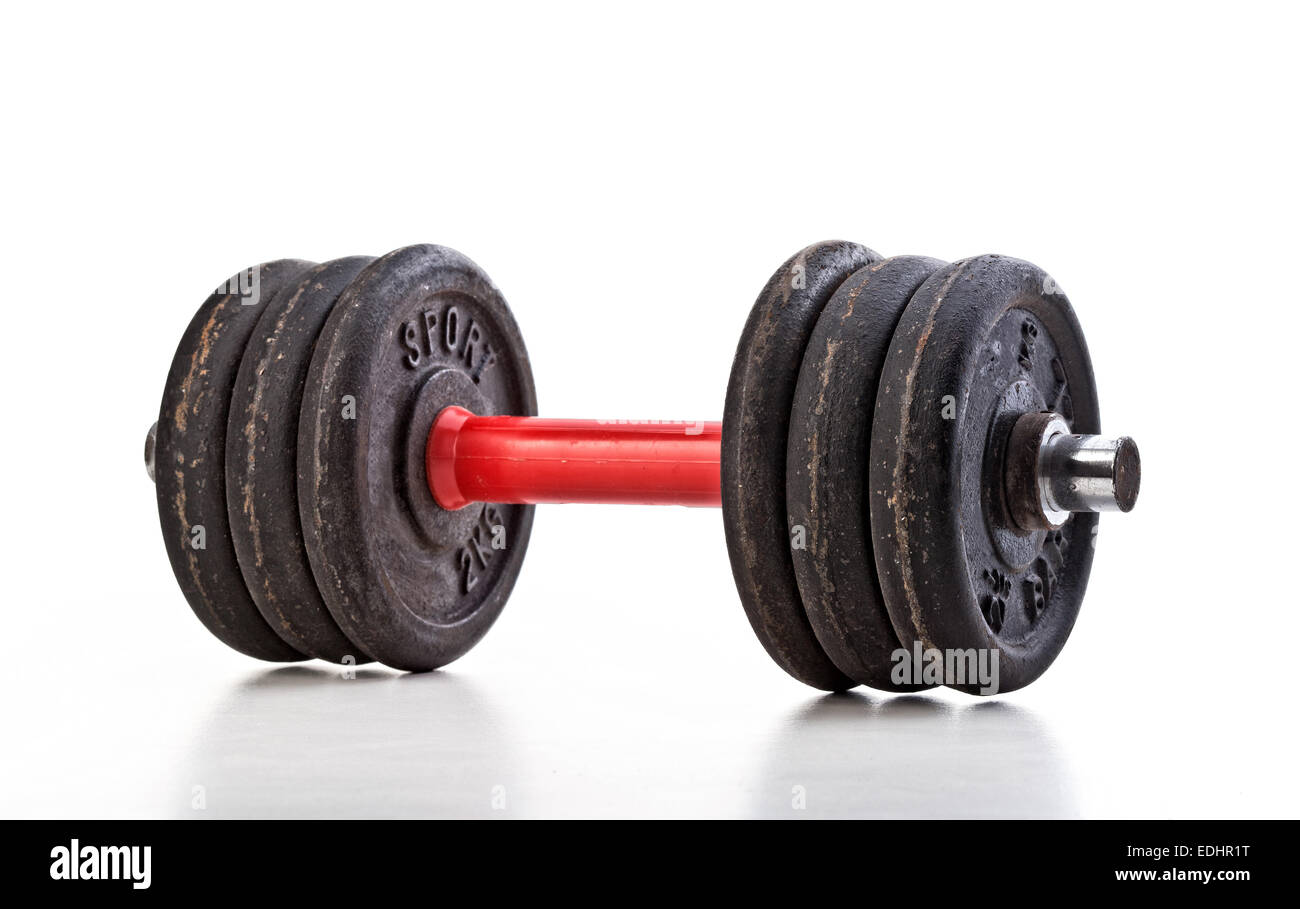 classic used barbell isolated on white background Stock Photo