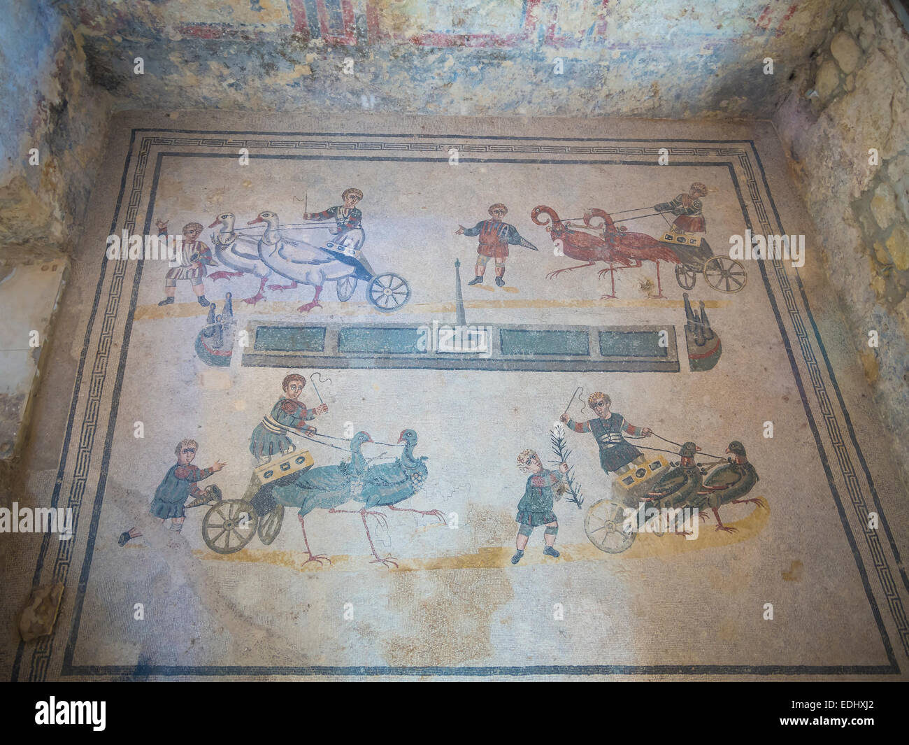Ancient Roman mosaic, chariots with birds, Villa Romana del Casale, UNESCO World Heritage Site, near Piazza Armerina Stock Photo