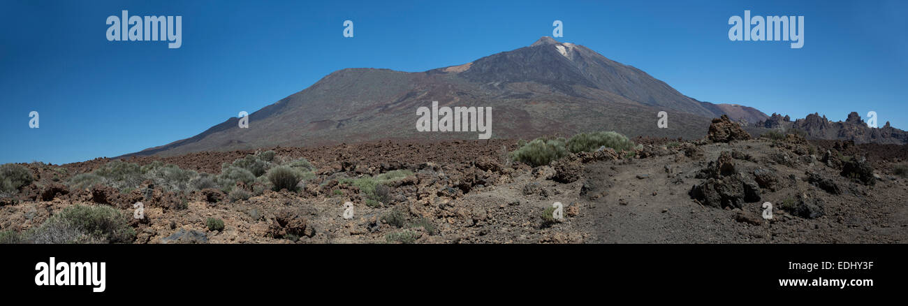 Pico del Teide volcano, 3718 m, right, and the Pico Viejo volcano, 3135 m, left, panoramic view, Las Canadas Stock Photo