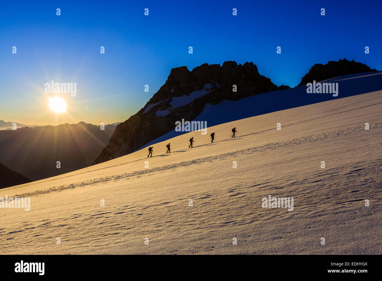 Rope team climbing the Plateau du Trient, Mont Blanc Massif, Alps, Canton of Valais, Switzerland Stock Photo